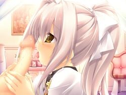 blush censored chikotam fellatio game_cg gray_hair hair kiss_x_demon_lord_x_darjeeling lycerisious_h._kirigasaki oral penis