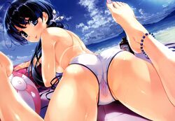 :p ass bikini blue_eyes blue_hair blush cameltoe hasekura_airi misaki_kurehito photoshop pussy pussy_juice see-through see-through_bikini tan_lines topless ushinawareta_mirai_wo_motomete