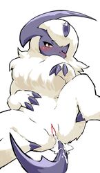 absol blush color cum female female_only front_view fur furry horn nintendo pokemon pokemon_(species) pussy red_eyes simple_background solo source_request tail white_background white_fur wink wkar year_request