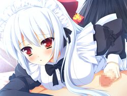 blush censored game_cg irina_vladimirovna_putina long_hair maid nimura_yuushi osananajimi_wa_daitouryou penis red_eyes ribbons white_hair