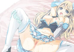 1girls aizawa_hikaru amaya_yuu bed_sheet blue_eyes breasts brown_hair censored cum detached_sleeves female long_hair lying microsoft midriff mosaic_censoring navel nipples no_panties on_back open_mouth os-tan panties pussy silverlight skirt solo thighhighs underwear white_legwear