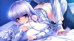 bed blush censored doggy_style furukawa_yui game_cg gray_hair green_eyes kuroya_shinobu panties penis sex underwear ushinawareta_mirai_wo_motomete