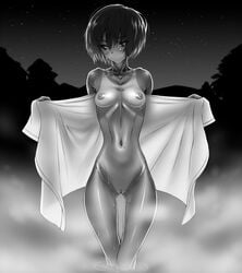 copyright_request female female_only human inagaki_(iii) monochrome night night_sky nude ribs skinny sky solo tan tanline thigh_gap towel