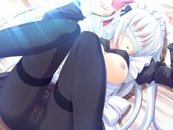 bed blush breasts censored game_cg irina_vladimirovna_putina long_hair maid nimura_yuushi nipples osananajimi_wa_daitouryou pantyhose pussy wet white_hair