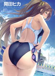 akita_hika artist_name ass back bangs bare_shoulders blue_sky blush bow breasts brown_hair cloud cloudy_sky competition_swimsuit day female fingernails from_behind goggles hands_on_hips high_resolution huge_ass lane_line large_filesize long_hair looking_at_viewer looking_back medium_breasts one-piece_swimsuit open_mouth original outdoors pennant pixiv_id pool scan shiny shiny_clothes shiny_hair sky solo swimsuit thighs tied_hair twitter_username very_high_resolution water water_drop wet yellow_bow yellow_eyes