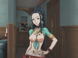 artist_request black_eyes black_hair braid breasts door female hand_on_hip hips jewelry long_hair lotus_(zero_escape) necklace nine_hours_nine_persons_nine_doors nipples photoshop pixel_art ponytail ring smile solo third-party_edit tied_hair watch zero_escape