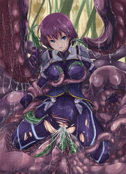 blue_eyes bodysuit censored clothed_sex clothing cum cum_in_pussy cum_inside cum_on_hair female gustav_(telomere_na) highres inflation necktie open_mouth original penetration pregnant purple_hair pussy rape restrained short_hair skin_tight slime solo spread_legs tears tentacle torn_clothes vaginal_penetration