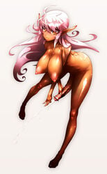 1futa barefoot bent_over breasts cal. collarbone cum dark_skin ejaculation elf feet futa_only futanari hair hanging_breasts highres huge_breasts huge_cock intersex long_hair masturbation nipples nude orange_eyes original penis pink_hair pointy_ears solo veins veiny_penis