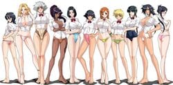 11girls 6+ass 6+girls bikini bikini_bottom black_hair bleach blonde_hair blue_eyes blush bracelet braid breasts cleavage crossed_arms dark-skinned_female dark_skin everyone female female_only glasses hair_ribbon hand_on_hip hips inoue_orihime ise_nanao jewelry kagami kotetsu_isane kotetsu_kiyone kuchiki_rukia kukaku_shiba kurotsuchi_nemu lineup long_hair looking_back matsumoto_rangiku multiple_girls navel open_mouth orange_hair ribbon school_uniform shihouin_yoruichi silver_hair single_braid soifon swimsuit tied_hair twintails uncensored unohana_retsu wink yellow_eyes