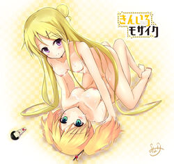 2girls alice_cartelet all_fours blonde_hair blush breast_grab breasts censored cum female green_eyes hair_bun kin-iro_mosaic kujou_karen long_hair looking_at_viewer lying minari_(minari37) multiple_girls nipples nude on_back purple_eyes pussy smile suggestive_fluid tied_hair twintails yuri