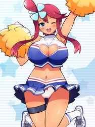 1girls alternate_breast_size big_breasts blush breasts cheerleader chro cleavage cleavage_cutout female female_only gym_leader huge_breasts human human_only jumping large_breasts navel nintendo one_eye_closed open_mouth panties pokemon pokemon_bw shiny shiny_skin shoes skirt skyla_(pokemon) sneakers solo sweat thighs wink