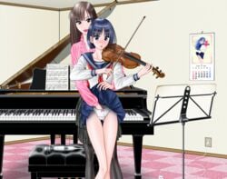 2girls blue_eyes blue_hair blush brown_hair clothing female fingering instrument long_hair multiple_girls original panties piano school_uniform seifuku skirt underwear vibrator violin yuri