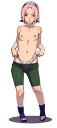 1girls 2d bike_shorts bobobo cameltoe female female_only flat_chest footwear full_color human naruto naruto_(classic) no_penetration panties panty_pull pink_hair sakura_haruno sakura_haruno(genin) solo solo_female topless underwear