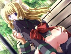 asanami_miori blonde_hair breast_grab breasts censored game_cg nipples nopan penis purple_eyes pussy sex shirogane_no_soleil tree tsurugi_hagane