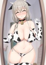 1girls absurd_res animal_ears animal_print bare_shoulders bell big_breasts blurry blurry_background blush breasts choker cleavage closed_eyes collarbone cow_ears cow_horns cow_print cowbell curvy doorway elbow_gloves eyebrows_visible_through_hair gloves gluteal_fold grey_hair hand_up hi_res high_res horns indoors large_breasts mature_female milf nassss navel parted_lips raised_eyebrows shiny shiny_hair shiny_skin solo standing sweatdrop thick_thighs thigh_gap thighhighs thighs uzaki-chan_wa_asobitai! uzaki_tsuki wide_hips