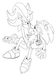 anthro duo eulipotyphlan exposed_torso fellatio firearm footwear genitals gun hand_on_head handwear hedgehog male male/male mammal monochrome oral penile penis questionable_consent ranged_weapon sega sex shadow_the_hedgehog shadow_the_hedgehog_(game) sonic_(series) sonic_the_hedgehog squirrelseatbirds threatening weapon yaoi