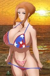 american_flag_bikini bikini brown_eyes female milf noir-black-shooter orange_hair tachibana-san-chi_no_dansei_jijou tachibana_kyouka tan_skin tanned tanned_female tattoo tattoo_on_belly