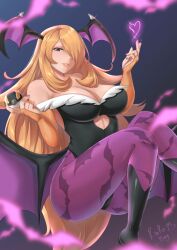 alternate_breast_size artist_signature ass bangs bat_wings blonde_hair breasts capcom clothed clothed_female clothing colored colored_nails cosplay cynthia_(pokemon) darkstalkers exposed_shoulders female floating game_freak hair_over_one_eye heart heart_cutout large_ass large_breasts leggings long_hair looking_at_viewer morrigan_aensland_(cosplay) nintendo pokeball pokemon pokemon_dppt revealing_clothes rinku_bny smiling_at_viewer succubus swept_bangs thick_thighs thighs ultra_ball wings wings_on_head