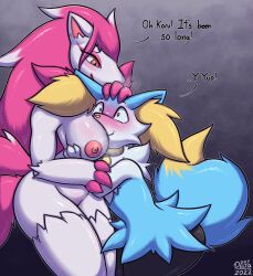 007delta anthro areolae big_breasts blush braixen breasts casual_nudity collar constricted_pupils ear_piercing face_in_breasts female fur hand_on_another's_head height_difference hi_res hug hugging humanoid interspecies large_breasts larger_female long_hair looking_at_another mammal mammal_humanoid multicolored_body multicolored_fur nervous_smile nipples pink_hair pink_nipples pokemon pokemon_(species) smile tagme tail taller_female taller_girl text thick_thighs voluptuous voluptuous_female vulpine white_body zoroark