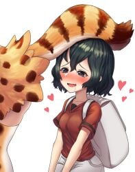 2girls black_hair blush duo female female_only heart-shaped_pupils kaban_(kemono_friends) kemono_friends neukkom serval_(kemono_friends) sitting skirt skirt_lift tail thick_thighs