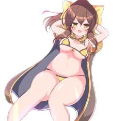 1girls alternate_costume arms_behind_head asage_(asgsn) bare_legs bare_midriff bare_thighs bikini blush breasts brown_eyes cape delthea_(fire_emblem) female female_only fire_emblem fire_emblem_echoes:_shadows_of_valentia hips huge_breasts huge_hips huge_thighs legs looking_at_viewer medium_breasts medium_hair midriff nintendo on_back ponytail short_stack shortstack sideboob smile solo swimsuit thick_thighs thighs underboob white_background wide_hips yellow_bikini yellow_swimsuit