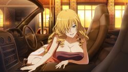 arm_under_breasts blonde_hair blue_eyes breasts cleavage drill_hair eyebrows_visible_through_hair female hair_covering_eye imminent_sex large_breasts long_hair looking_at_viewer mature_female official_art open_mouth oriana_thompson pov sarong seductive_smile sitting smile smug tank_top thighs to_aru_majutsu_no_index vehicle