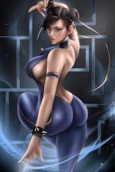 1girls asian_female ass backless_outfit bangs bare_back bare_shoulders black_hair blue_unitard bracelet breasts brown_eyes capcom chun-li double_bun female hair_bun hair_ribbon halterneck highres jewelry looking_at_viewer looking_back medium_breasts parted_lips ribbon sideboob signature sleeveless solo spiked_bracelet spikes street_fighter sweat unitard we1cometoparadiseart welcometoparadise wtparadise yellow_ribbon