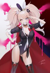 blonde_hair boots bunny_ears bunny_girl bunnysuit danganronpa female junko_enoshima leotard nail_polish ohisashiburi one_eye_closed painted_nails red_nails smile smooth_skin solo solo_focus thigh_boots tie twintails wink