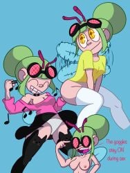 2022 antennae big_breasts bigdumb01 bottomless flyra_(jmadness) goggles green_hair jmadness musical_note nude original original_character partially_clothed plain_background tagme text thick_thighs tiktok under_skirt wings yellow_eyes