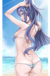 ass ass_cleavage bikini blue_eyes blue_hair blush breasts butt_crack female from_behind highres kazanari_tsubasa long_hair looking_at_viewer looking_back ocean open_mouth outdoors r-binon senki_zesshou_symphogear shimapan shiny shiny_hair shiny_skin sky small_breasts solo striped striped_bikini sweat swimsuit