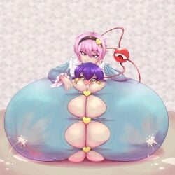 between_breasts breasts_bigger_than_body breasts_bigger_than_head breasts_bigger_than_torso breasts_on_floor button_gap enormous_breasts gigantic_breasts huge_breasts hyper hyper_breasts immobile in_cleavage lactation lactation_through_clothes lying_on_breasts massive_breasts pachinkomech satori_komeiji sharp_teeth short_hair smile tagme too_big too_big_to_move touhou translucent_clothing