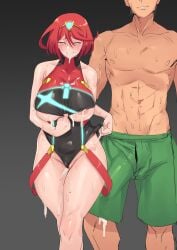 1boy 1girls abs after_sex after_vaginal artist_request blush boner cheating closed_eyes core_crystal cuckold cum cum_drip cum_on_breasts cum_on_clothes embarrassed hi_res huge_breasts huge_cock monolith_soft netorare nintendo ntr pyra red_hair smiling stormcow swimsuit thick_thighs tiara wide_hips xenoblade_(series) xenoblade_chronicles_2