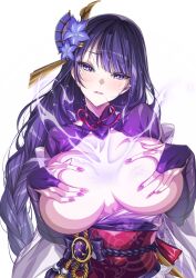 bangs blue_flower blunt_bangs blush braid breasts breasts_apart breasts_out bridal_gauntlets covering covering_breasts electricity eyebrows_visible_through_hair female fingernails flower genshin_impact hair_flower hair_ornament hands_up highres huge_breasts japanese_clothes kimono long_hair looking_at_viewer mitsudomoe_(shape) mole mole_under_eye nail_polish neck_ribbon obi obiage obijime parted_lips purple_eyes purple_hair purple_kimono purple_nails raiden_shogun rantia red_ribbon ribbon sash shiny shiny_hair simple_background solo tassel tomoe_(symbol) upper_body very_long_hair white_background wide_sleeves