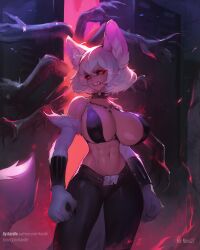 1girls abs angry animal_ears animal_girl big_breasts black_sclera bra breasts breasts_bigger_than_head collar commission fangs female fluffy_tail furry_arms glowing_eyes glowing_red_eyes gritted_teeth huge_breasts kardie leather_pants solo solo_female spiked_collar standing tagme tail tight_pants white_fur white_hair