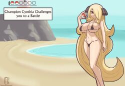 1girls alternate_breast_size big_breasts bikini bursting_breasts cynthia_(pokemon) enormous_breasts huge_breasts long_hair pokeball pokemon smile tagme text thetransformtentacle