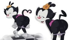 accessory animaniacs anus ass bent_over black_body black_fur clothing digital_media_(artwork) dot_warner female female_focus fingers flower fur genitals gloves gosgoz hair hair_accessory half-closed_eyes handwear hi_res inkblot looking_at_viewer looking_back mammal narrowed_eyes open_mouth panties plant pussy side_by_side simple_background smile smirk solo teeth tongue topwear underwear warner_brothers white_body white_fur young