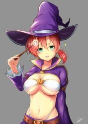 :p belt blush boudica_(fate) boudica_(fate/grand_order) bra breasts cleavage earrings fate/grand_order fate_(series) female green_eyes grey_background halloween_costume hat highleg highleg_panties highres jewelry kyu_(wein-seria) large_breasts looking_at_viewer magic navel panties red_hair short_hair short_ponytail signature solo star_(symbol) tongue tongue_out underboob underwear wand white_bra white_panties witch_hat