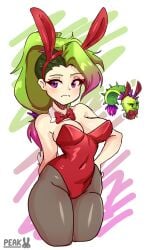 1girls bowtie bunny_ears bunny_girl bunnysuit dusk_lobber_(pvz) gijinka green_hair human humanized humanoid peakedcomedy plants_vs_zombies plants_vs_zombies_2:_it's_about_time plants_vs_zombies_eclise ponytail purple_eyes pvz red_bowtie red_bunnysuit