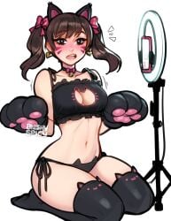 1girls 2d 2d_(artwork) 2d_artwork activision bare_shoulders bell bell_collar black_cat_d.va blizzard_entertainment blush blushypixy blushyspicy breasts brown_eyes brown_hair cat_ears cat_keyhole_bra cat_lingerie cleavage clothed clothing collar d.va drawn female female_only gloves hana_song kneeling looking_at_viewer navel open_mouth overwatch panties phone simple_background solo solo_female thick_thighs thighhighs twintails white_background wide_hips