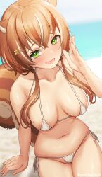 :d animal_ears ayunda_risu bare_arms bare_shoulders beach bikini blush breasts brown_hair cleavage collarbone commentary commission day english_commentary eyebrows_behind_hair female green_eyes groin hair_ornament hairclip hand_up highres hololive hololive_indonesia hololive_indonesia_area_15 kangbus large_breasts long_hair looking_at_viewer low_twintails micro_bikini multicolored_hair navel ocean open_mouth outdoors panties ribbon side-tie_bikini sitting smile solo squirrel_ears squirrel_girl squirrel_tail streaked_hair swimsuit tail twintails two-tone_hair underwear virtual_youtuber white_panties white_ribbon