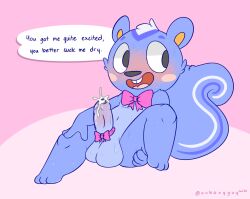 animal_crossing anthro balls big_balls big_penis blue_body blush bodily_fluids bow_tie bow_tie_only cum cum_on_penis dialogue english_text erection filbert_(animal_crossing) foreskin fur furry furry_only genital_fluids genitals hi_res huge_balls huge_cock humanoid_genitalia humanoid_penis male male_only mammal mostly_nude nintendo nude nutty_bo open_mouth penis rodent sciurid simple_background solo tail text video_games