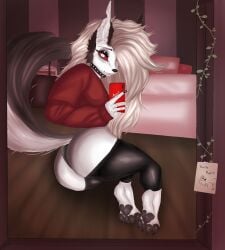 2022 absurd_res anami_chan anthro ass big_ass big_butt black_body black_fur canid canid_demon cellphone clothed clothing collar demon digital_media_(artwork) english_text female fluffy fur furry furry_only grey_body grey_fur grey_hair hair hellhound helluva_boss hi_res legwear looking_at_viewer loona_(helluva_boss) mammal mirror mirror_selfie nails paws phone piercing pillow presenting presenting_ass presenting_butt presenting_hindquarters red_sclera reflection selfie sitting solo sweater tail text thick_thighs topwear white_body white_fur