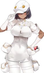 1girls aether_foundation_employee aether_foundation_employee_(female) aether_foundation_uniform alternate_breast_size blush breasts dark-skinned_female dark_skin female gloves hat holding_hat holding_poke_ball large_breasts looking_at_viewer marushin_(denwa0214) pokemon pokemon_(game) pokemon_sm short_hair