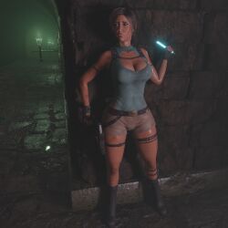 3d backpack bag belt blender brown_hair dungeon female firearm footwear gun handgun handwear human lara_croft lara_croft_(survivor) legwear neckwear pale_skin sicipo6908 solo_female tomb_raider weapon