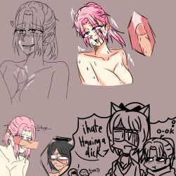 1futa 1girls ahe_gao areolae ashleylust_(artist) big_breasts big_cock black_hair blush breasts catgirl comic cum_in_breasts cum_in_pussy cumshot dialogue dominant_female drooling duo english_text erection eyepatch female futa_on_female futa_with_female futanari heart-shaped_pupils human licking_lips light-skinned_female light_skin nipples nude paizuri pink_hair sex short_hair shy smiling tanned_female text thinking titfuck titjob white_female