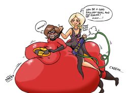 2girls about_to_burst air_inflation ass belly belly_inflation big_ass big_belly big_breasts blush breasts dialogue elastigirl female helen_parr huge_belly inflation mirage_(the_incredibles) nipple_bulge nipples pop_tease pump smooth_skin tape_gag the_incredibles yer-keij-fer-cash