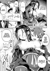 armor big_breasts breasts_out censored defeated doujinshi english_dialogue english_text harusame headband horns kimono licking long_hair monochrome nipples oni original rape samurai short_hair small_breasts sweat sweatdrop sword torn_clothes translated yuri