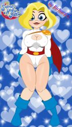 1girls big_breasts blonde_hair blue_eyes cleavage dc dc_comics dc_super_hero_girls female female_only kara_danvers kara_zor-el kryptonian leotard light-skinned_female power_girl richardarts solo superheroine sweat wet wet_leotard