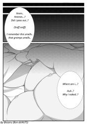 2022 anthro bedding blanket bon_donuts comic english_text genitals hi_res humanoid_genitalia humanoid_hands humanoid_penis kemono lying male monochrome moobs musclegut nipples overweight overweight_male penis solo text