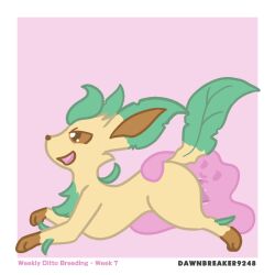 1:1 ambiguous_gender dawnthemetamon ditto_(pokémon) duo eeveelution elemental_creature english_text female female/ambiguous feral flora_fauna goo_creature hi_res leafeon nintendo plant pokemon pokemon_(species) text video_games zoophilia